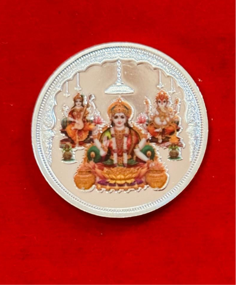 Pure Silver Coin 999 Laxmi Saraswati Ganapati For Pooja 10 Grams Hallmark Certified. Indian Silver coins for Wedding, Newborn Puja Gifts